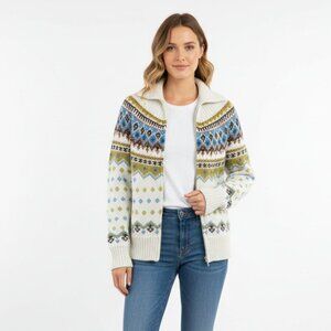 Moda International Cream Print Long Sleeve Zip Up Fair Isle Sweater L